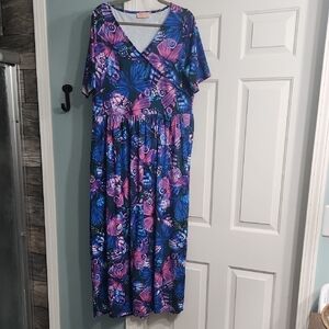 Floral V-Neck Maxi Dress - Blue and Pink